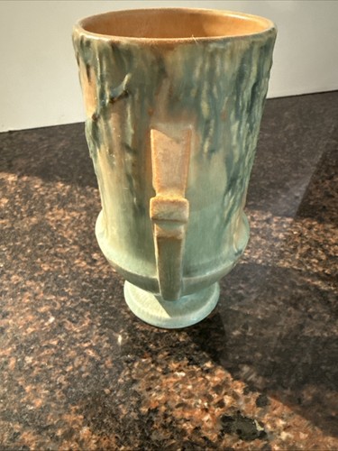 Roseville Moss 774-6 Vase Double Handle Vintage Art Pottery Blue Green Drip - Picture 4 of 10