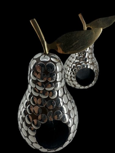 Set 4 Sculture di Pera MCM Foglie di Ottone Argento Hollywood Regency anni 60 - Foto 13 di 23