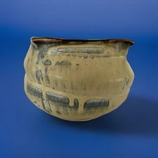 Art Pottery studio vessel vase planter Earthtones Blue Beige  7" x 4 1/2"