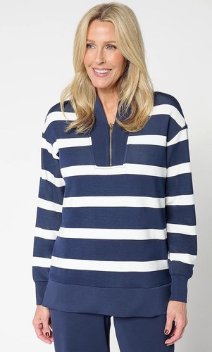 Belle by Kim Gravel Regular ScubaLuxe Half Zip Tunic Shirt Twilight Stripe M New