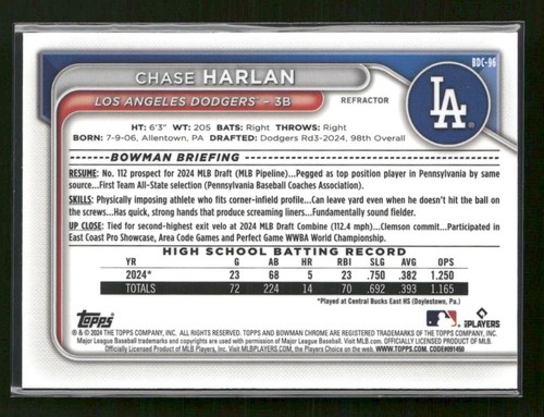 Bowman Draft 2024 #BDC-96 Chase Harlan Los Angeles Dodgers - Imagen 2 de 2