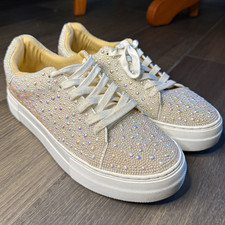 Betsey Johnson Rhinestone Lace-Up Low Top Sneakers Beige/White Cushioned