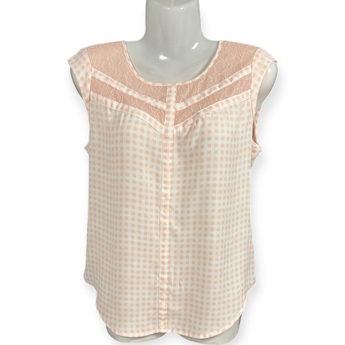 Women’s Top Sheer Pink Gingham Cap Sleeve Med Country Coquette Lace Keyhole - Picture 2 of 12