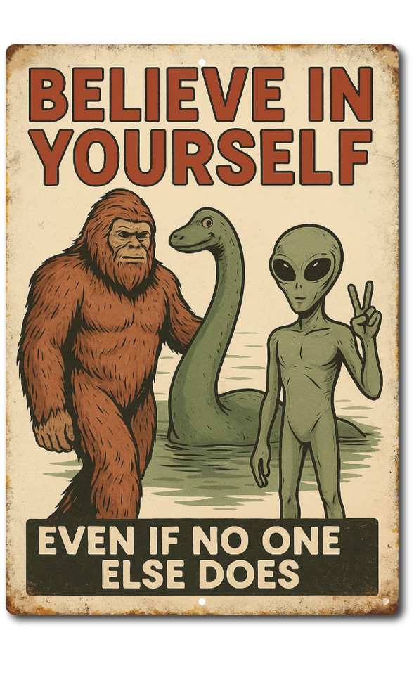 Bigfoot, aliens, AND Nessie all on one "Believe in Yourself" sign — maximalist cryptid comedy gold.