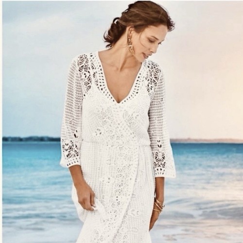Maxi Vestido Suave Surroundings Tosca Blanco Encaje Crochet Talla XL Imitación Envolvente Forrado - Imagen 2 de 7