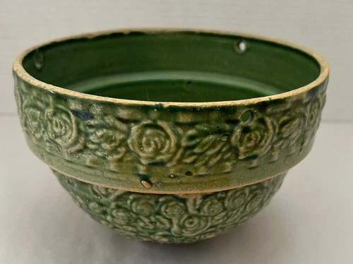 Vintage Brush McCoy Pottery Yellow Ware Wild Rose Green Hanging Planter RARE