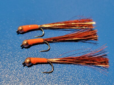 3 BARBLESS PIRSCHWANZE WOLFRAM GOLD PERLE ORANGE KÖRPER KUPFERSCHWANZ FORELLE Fliege #12