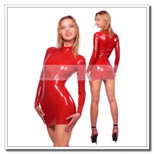 Latex High Neck Long Sleeve Dress Back Zipper Classic Skirts Short Length D85