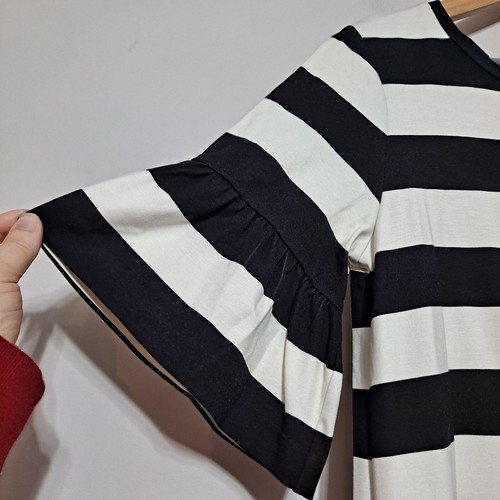 Lauren Ralph Lauren Dress Woman M Black Stripe Ruffle Sleeve Academia Heritage - Picture 9 of 13