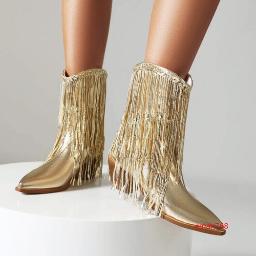 Sequined Fringe Western Boots Women's Chunky Block Heels Pointed Toe Boots Size - Picture 2 of 21