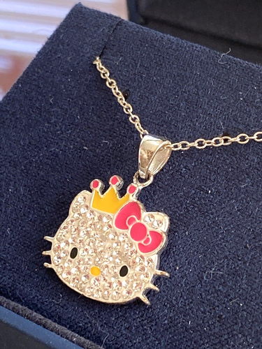 👑Sanrio Sterling Silver Jeweled Hello Kitty with Crown & Bow Pendant & Chain🎀☜ - Picture 2 of 7