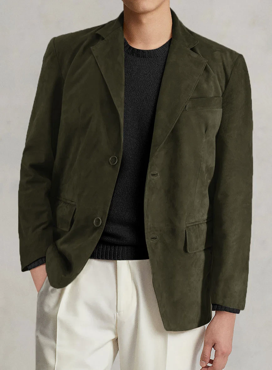 Olive Green Leather Blazer Men Pure Suede Coat Jacket 2 Button Size S M L XL XXL