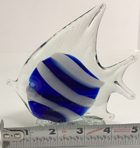 Art Handblown Glass Angel Fish Blue & White Striped Figurine Paperweight 5" - Picture 8 of 9