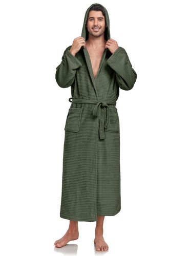 Mens Fleece Robe Hooded Plush Full Length Plush Bathrobe Warm House Robe - Picture 11 of 32