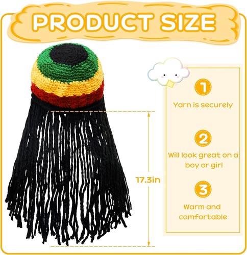 Sombrero Rasta para Niños con Pelo Largo Negro Divertido Peluca Rasta Gorro Rasta Rastas Jamaicanas - Imagen 2 de 7
