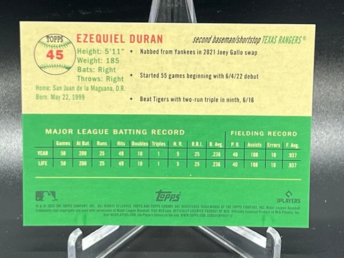 2023 TOPPS CHROME PLATINUM EZEQUIEL DURAN ORANGE REFRACTOR /25 RANGERS RC #45 - Picture 2 of 2