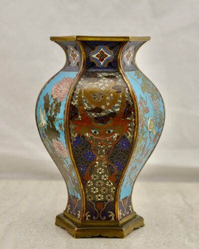 Meiji Japanese cloisonne enamel floral/bird & mask-head patterned hexagonal vase - Picture 3 of 19