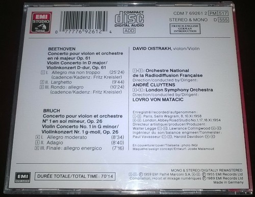 BEETHOVEN BRUCH Violin Concertos OISTRAKH CD EMI 7 69261 2 W.Germany SONOPRESS - Imagen 2 de 3