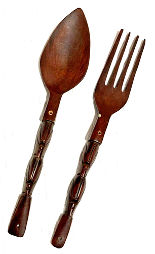 Vintage große geschnitzte Holzgabel und Löffel Wanddekor 18-19" Holz Tiki Totem - Bild 1 von 5