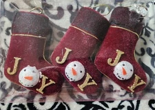 Christmas Burgundy Snowman Joy Stocking Ornaments "Winter Wonder Lane" Box (3) 