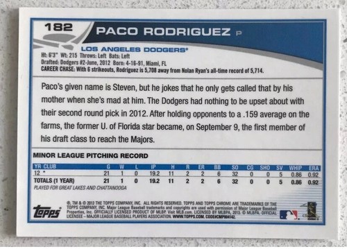 2013 Topps Chrome #182 Paco Rodriguez RC L.A. Dodgers SIGNED - Picture 2 of 2