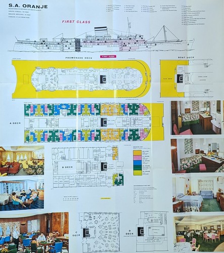 1970 S.A. ORANJE First & Tourist Class Deck Plan mit farbigem Interieur - Top - Bild 2 von 3