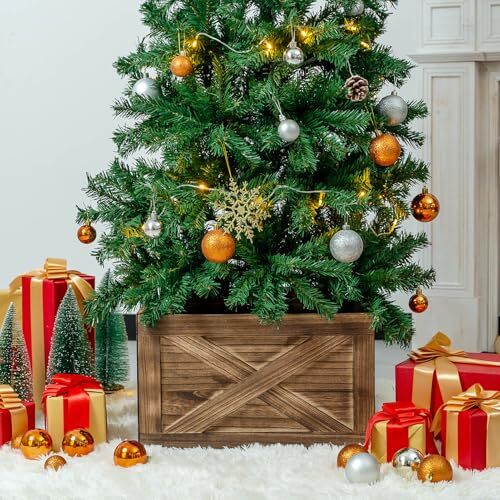Wooden Christmas Tree Collar Box,22In Rustic Christmas Tree Skirt