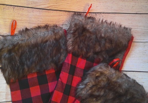 Red Buffalo Plaid Fur Christmas Stocking Set of 3 - Picture 2 of 6
