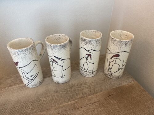 Set Of 4 Handmade Tall Coffee Cups with Funny Skiers Hot Chocolate Pottery Mugs - Picture 2 of 18