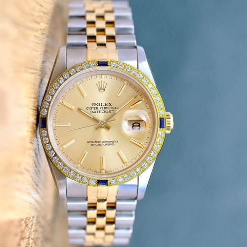 Rolex Datejust 18KY & SS ORIGINAL CHAMPAGNE INDEX DIAMOND-SAPPHIRE BEZEL - Picture 6 of 8