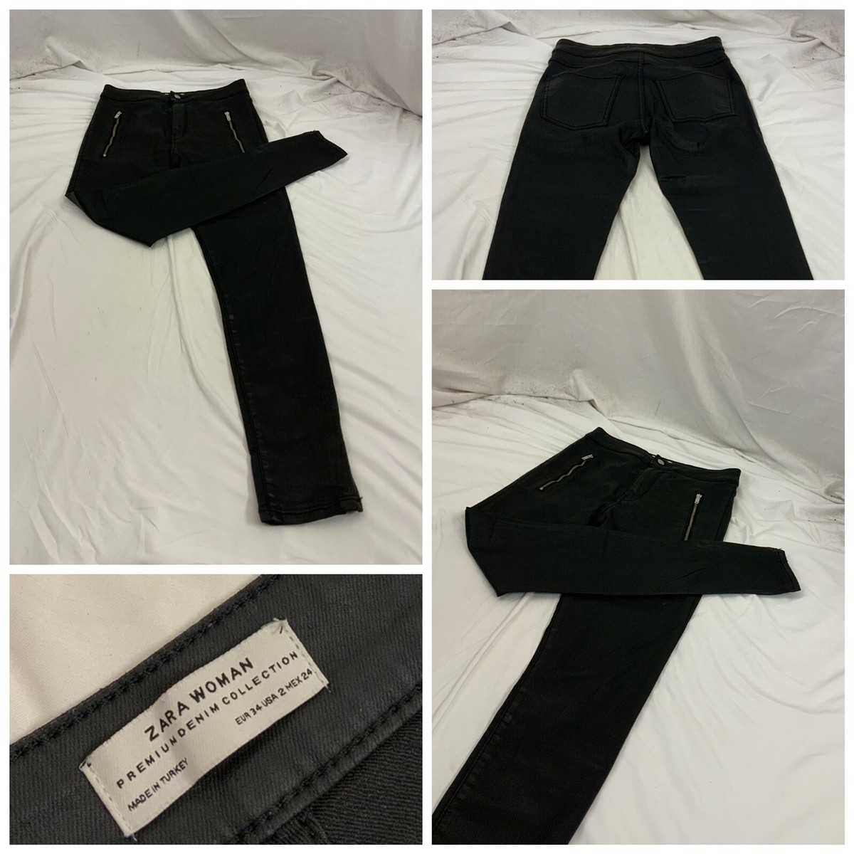 Zara Woman Jeans Sz 2 Black Wax Cotton Skinny Zip Ankle Made Zara Woman Jeans Sz 2 Black Wax Cotton Skinny Zip Ankle Made