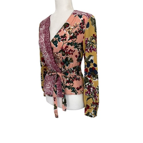 Anthropologie Meadow Rue Floral Patchwork Wrap Blouse Size 2 Paisley V Neck - Picture 4 of 12