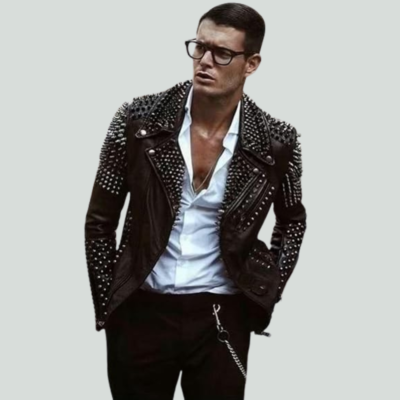 Mens Rock Punk Studded Spike Brando Motorcycle Black Biker Leather