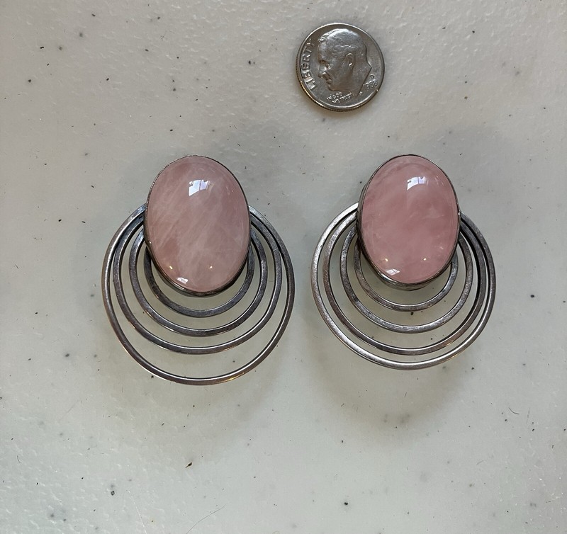 Vintage Sterling Silver Heavy Pink Jade Jadeite Native American Clip On Earrings
