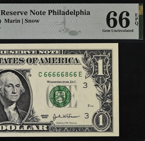 2003 $1 Federal Reserve Note PMG 66EPQ - Gem Near Solid Serial Number 66666866