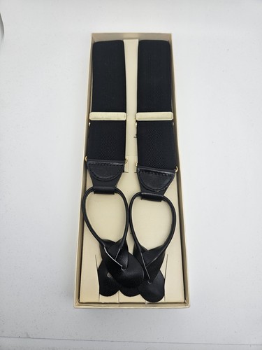 LIBERTY OF LONDON Suspenders Braces Mens Black Elastic Black Leather - Picture 1 of 3