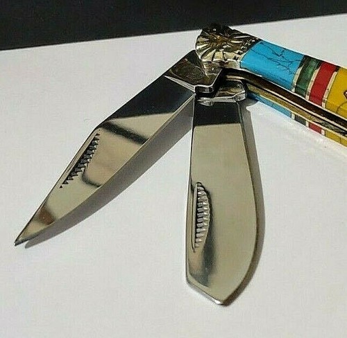 VINTAGE YELLOW TURQOUISE S. HORSE SADDLE HORN HUNTING POCKET KNIFE W/ D. CASE ! - Picture 8 of 9
