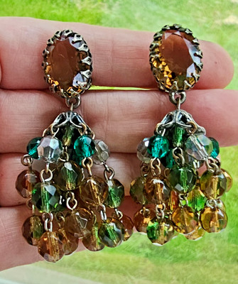 SCHIAPARELLI CHANDELIER EARRINGS Multi-color Glass Bead 2.75'' Vintage 1949