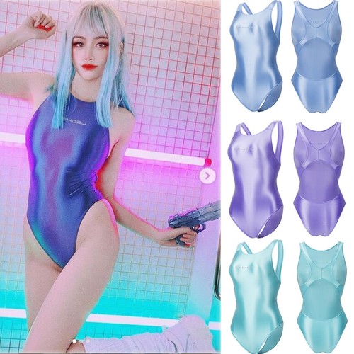 Women's Wetlook Shiny Leotard Satin Glossy Body Suit High Cut One Piece Swimwear - Picture 1 of 83