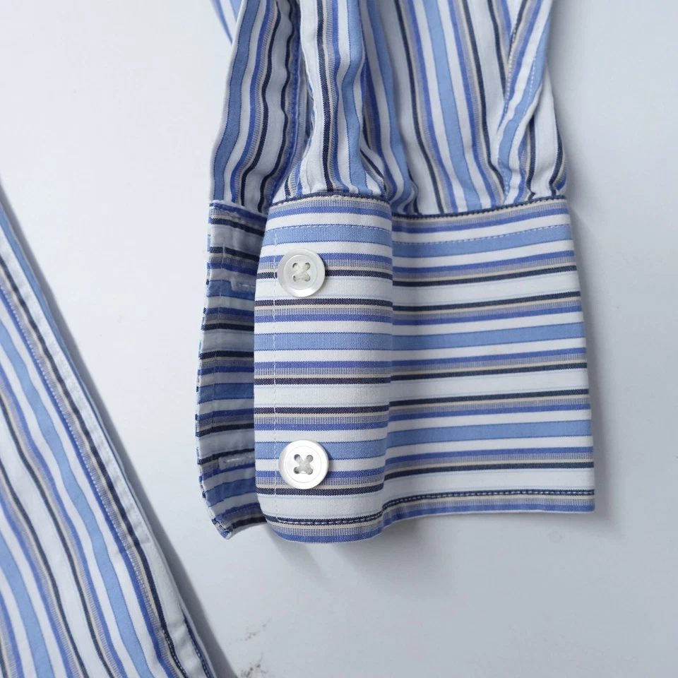 Camisa de Vestir Banana Republic Hombre Grande 16-16.5 Púrpura Blanco Rayas Oxford Formal Foto 3 de 4