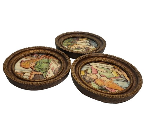 Vintage Three Genuine Artini Sculptured Engraving Hand Painted Framed - Picture 2 of 9