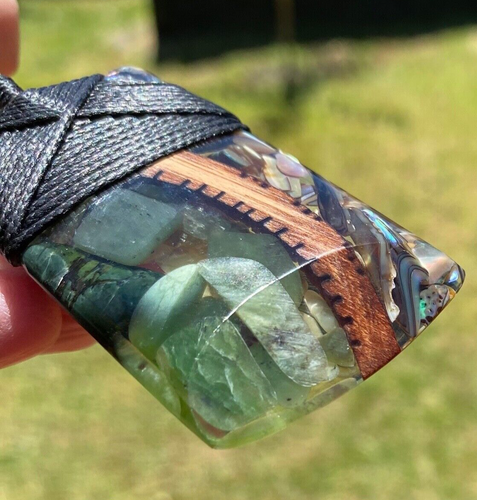 UNIQUE ART NZ POUNAMU JADE, PĀUA SHELL, TŌTARA WOOD MAORI BOUND HEI TOKI ADZE - Picture 3 of 6