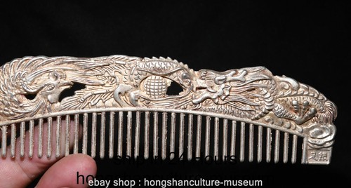 Remises 6.4" Old Chinese Silver Carving Word Dragon Beast Phoenix Bird Pattern Comb