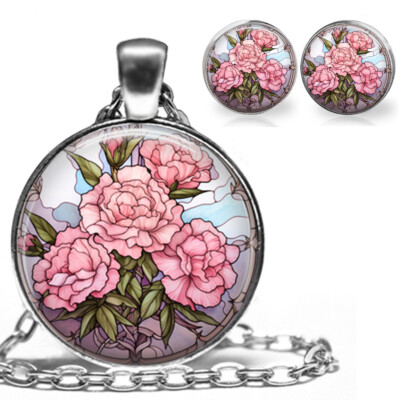 Carnation January Birth Month Flower Faux Stained Glass Necklace & Earrings Set