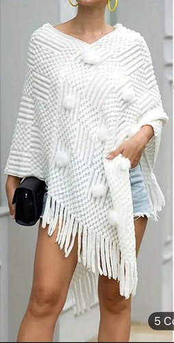 Damen Bommel Knäuel Strick Poncho Cape Wickel Schal Pullover Quaste Pullover warm - Bild 3 von 7