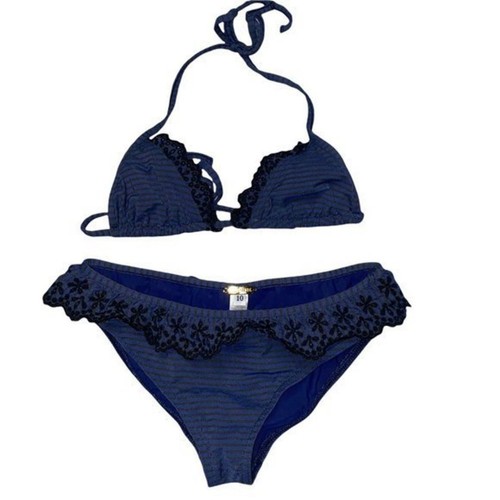 Tooshie Swim Blue Striped Black Embroidered Halter Bikini Bathing Suit size 10
