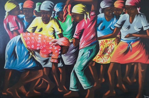 SCHÖNES ORIGINAL HAITIANISCHES KUNSTGEMÄLDE VON JEAN K TRADITIONELLER TANZ 2436 GERAHMT  - Bild 2 von 12