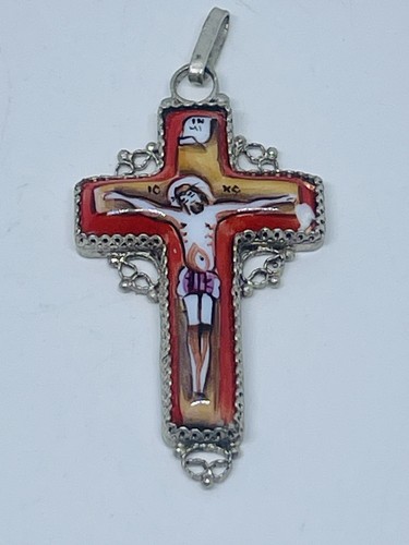 Vintage Russian Save and Protect Finift Hand Painted Enamel Crucifix 925 Silver - Picture 9 of 9