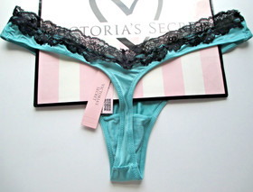 VICTORIA'S SECRET VERY SEXY High Leg Thong Panty Blue Black Lace Trim S M L XL