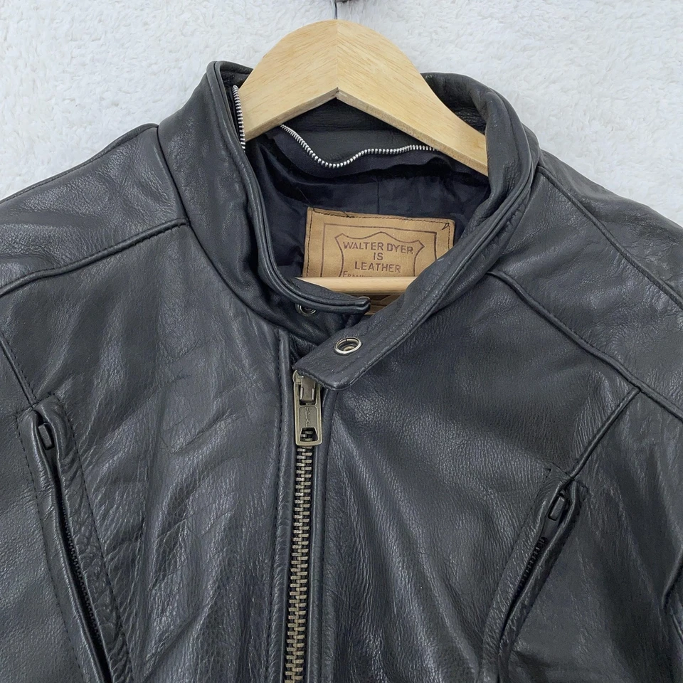 Chaqueta de cuero Walter Dyer para hombre 44 negra motocicleta motociclista cremallera delantera EE. UU. Foto 2 de 4